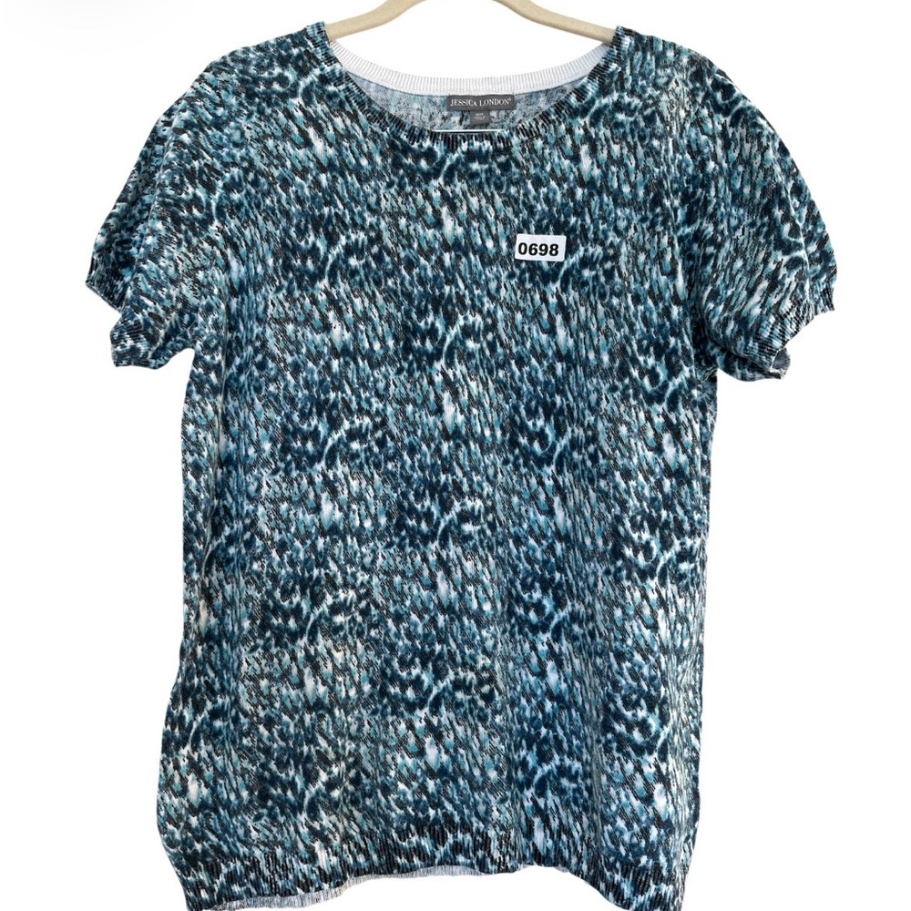 Jessica London Blue Patterned knit Blouse Women’s 14/16 Short Sleeves crew Neck